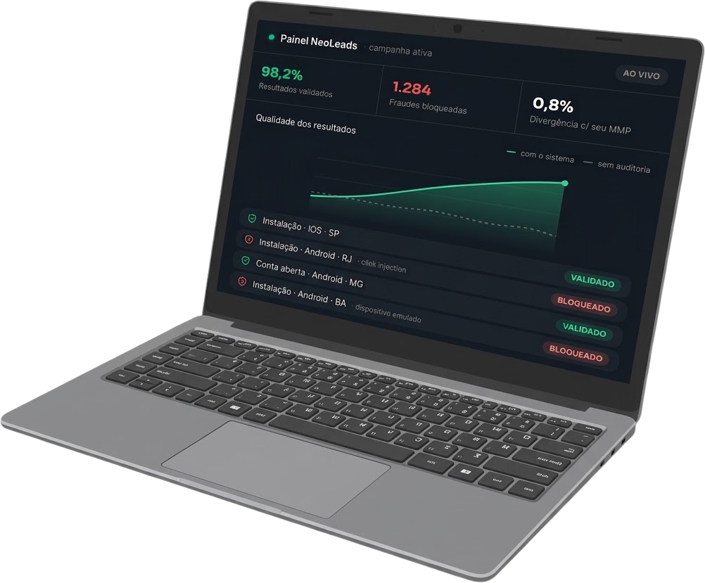 Notebook exibindo o Painel NeoLeads: resultados validados, fraudes bloqueadas e divergência com a ferramenta de atribuição.